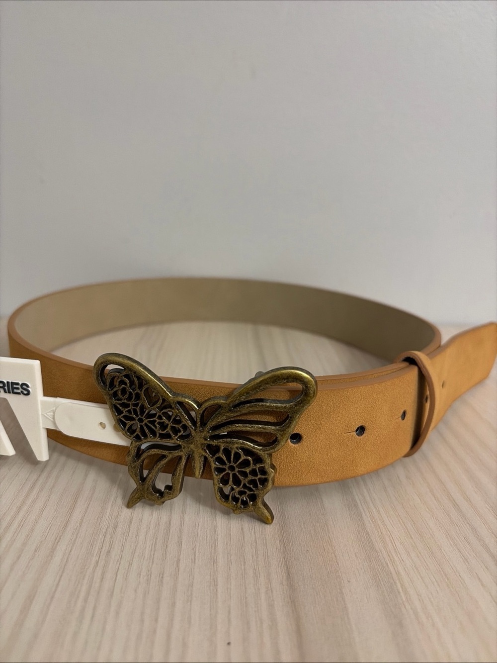 No Boundaries Tan Belt with Antique Gold Butterfly Buckle